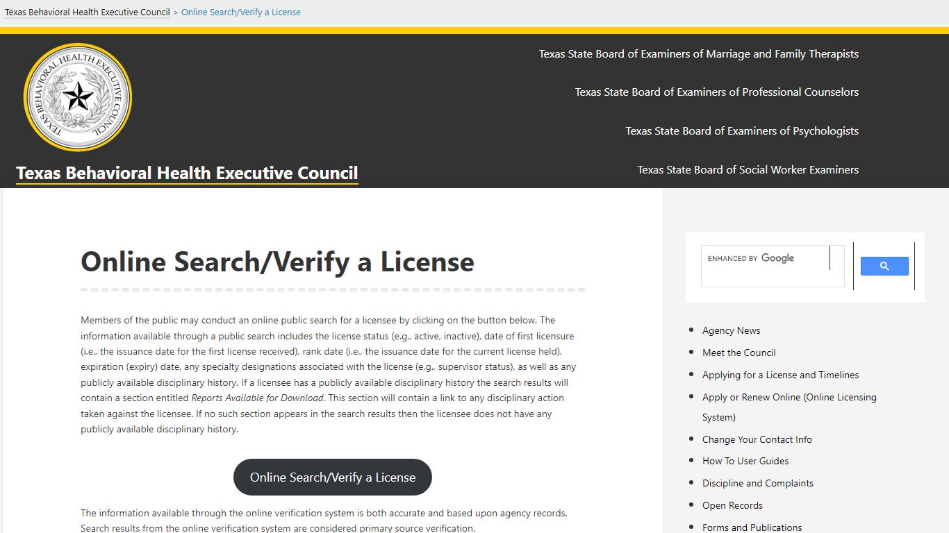 Online Search/Verify a License – Texas Behavioral Health Executive Council